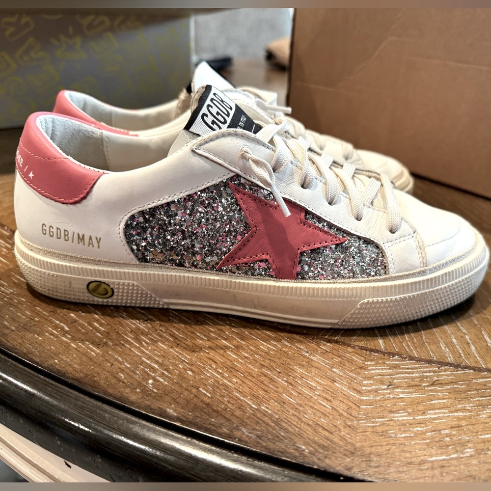 Golden Goose dark pink and white sneakers
